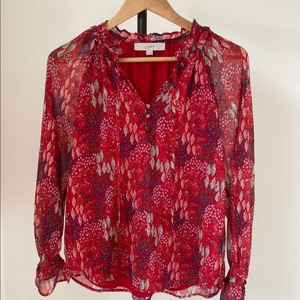 LOFT Red Ruffled Long Sleeve Blouse